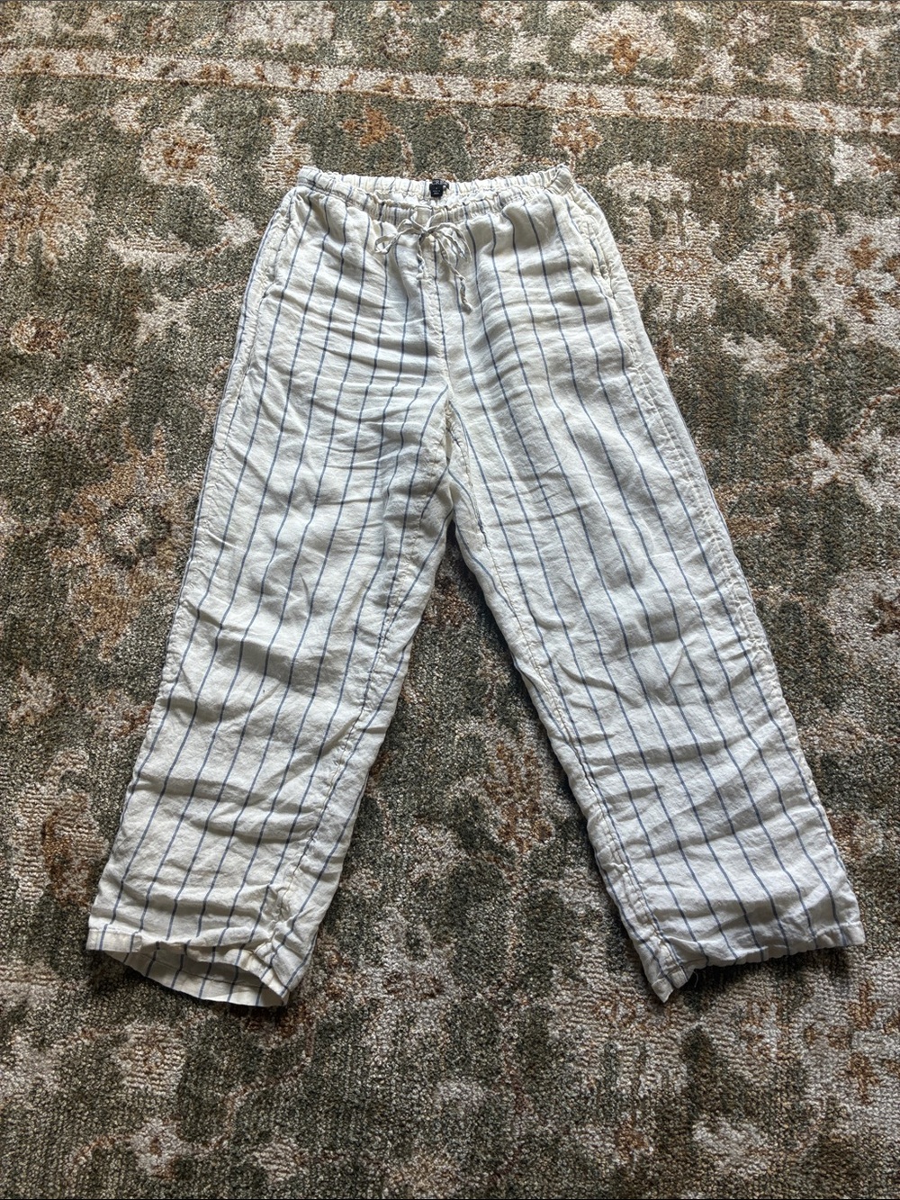 J. Crew White 100% Linen Blue-Striped Drawstring Trousers